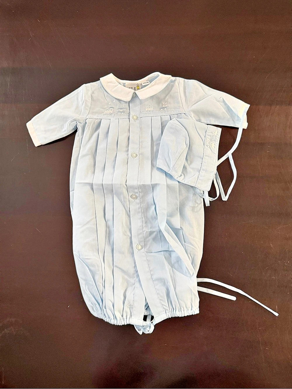 Little Diamonds Baby Blue Embroidered Romper with Bonnet